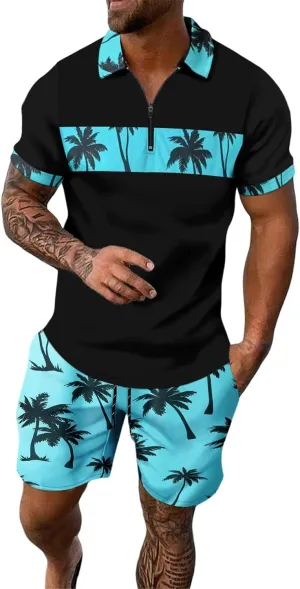 ZYXTIM Men's Hawaiian Tracksuit 2 Piece Sets Coconut Printed 1/4 Zipper Short Sleeve Henley Shirts Casual Shorts Sweatsuits