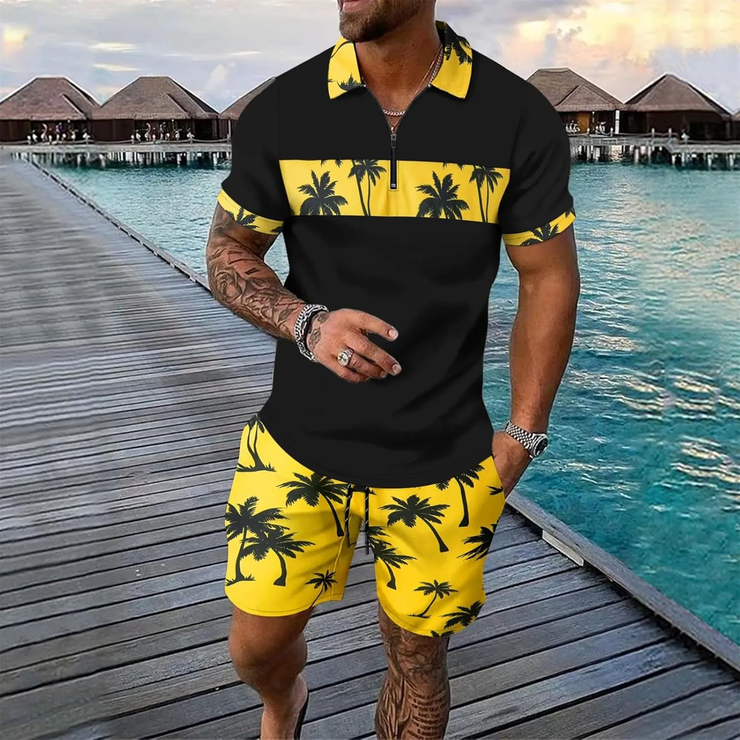 ZYXTIM Men's Hawaiian Tracksuit 2 Piece Sets Coconut Printed 1/4 Zipper Short Sleeve Henley Shirts Casual Shorts Sweatsuits