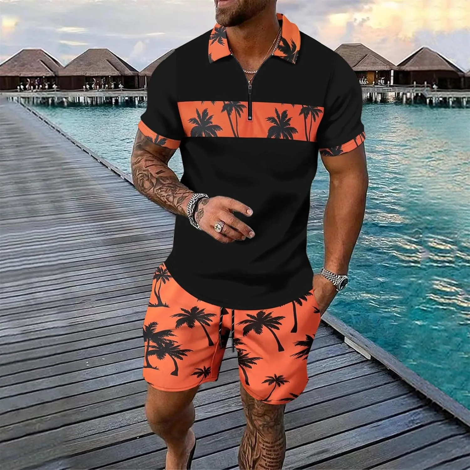 ZYXTIM Men's Hawaiian Tracksuit 2 Piece Sets Coconut Printed 1/4 Zipper Short Sleeve Henley Shirts Casual Shorts Sweatsuits