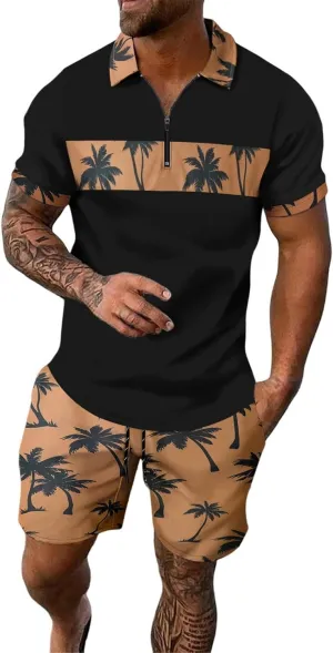 ZYXTIM Men's Hawaiian Tracksuit 2 Piece Sets Coconut Printed 1/4 Zipper Short Sleeve Henley Shirts Casual Shorts Sweatsuits