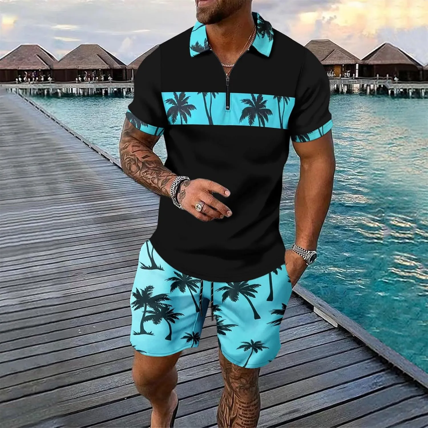 ZYXTIM Men's Hawaiian Tracksuit 2 Piece Sets Coconut Printed 1/4 Zipper Short Sleeve Henley Shirts Casual Shorts Sweatsuits