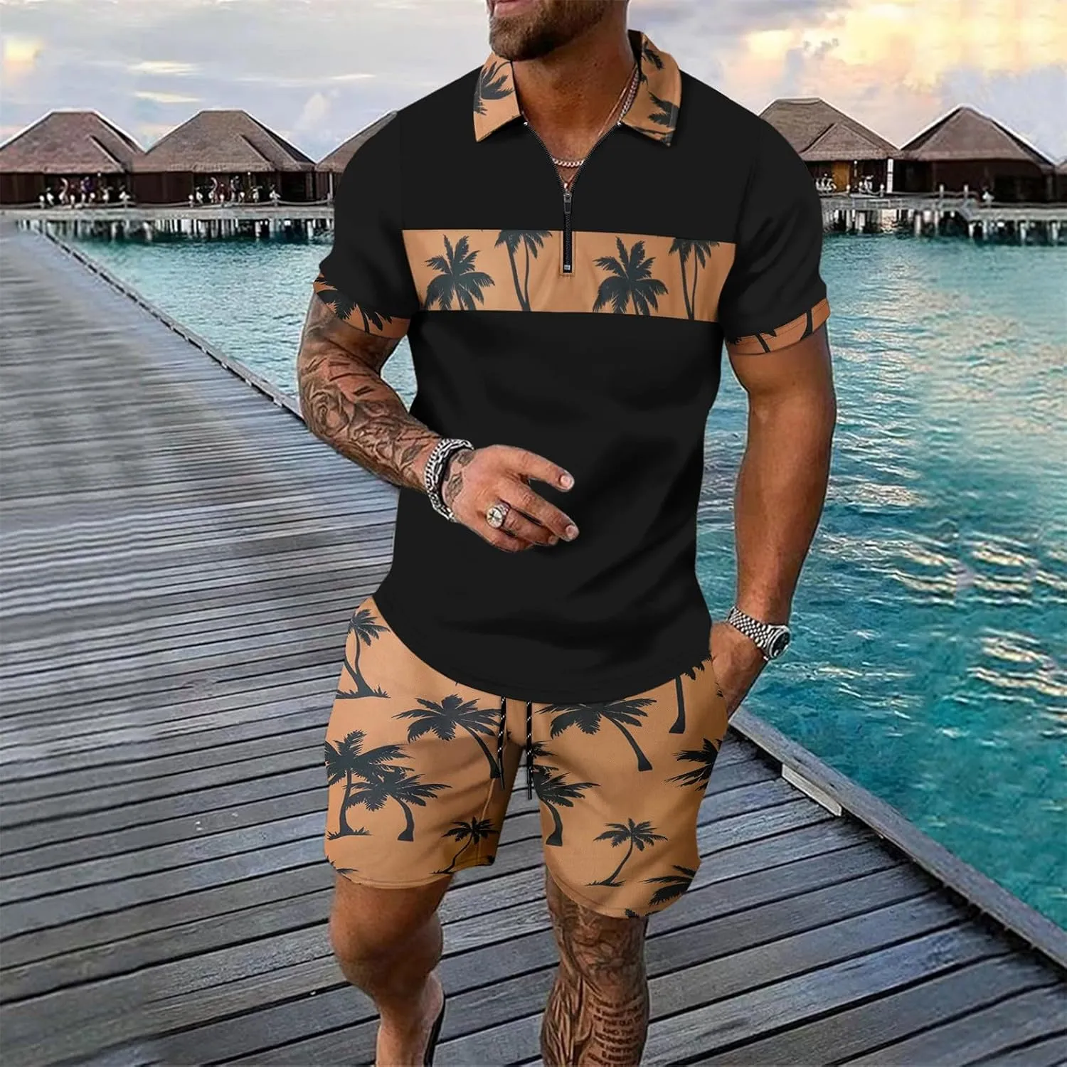 ZYXTIM Men's Hawaiian Tracksuit 2 Piece Sets Coconut Printed 1/4 Zipper Short Sleeve Henley Shirts Casual Shorts Sweatsuits