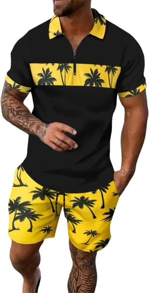 ZYXTIM Men's Hawaiian Tracksuit 2 Piece Sets Coconut Printed 1/4 Zipper Short Sleeve Henley Shirts Casual Shorts Sweatsuits