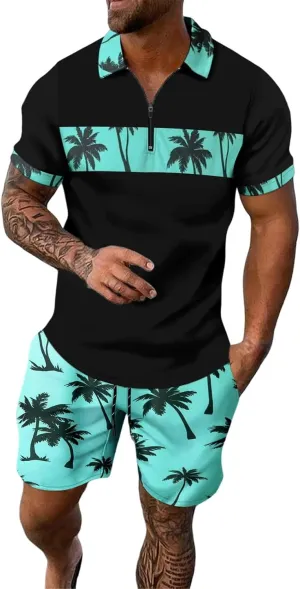 ZYXTIM Men's Hawaiian Tracksuit 2 Piece Sets Coconut Printed 1/4 Zipper Short Sleeve Henley Shirts Casual Shorts Sweatsuits